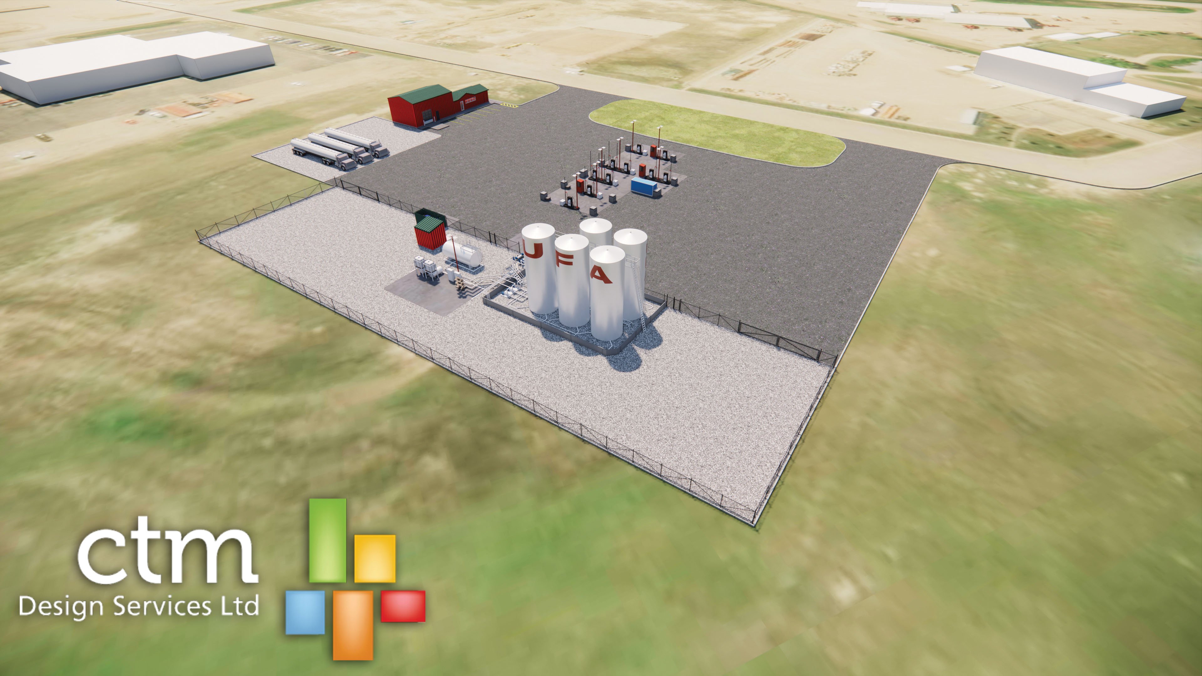 A rendering of the UFA cardlock and bulk fuel facility showing Celebration Drive in back.